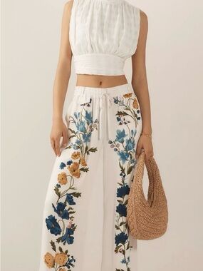By Anthropologie Printed Pull-On Floral Wide Leg Pants White Blue XS Boho Resort